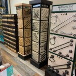 bathroom accessories and towel holders on display at hardware store