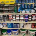 plaster and grout products on display at hardware store